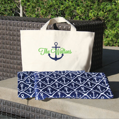 Boat Name Custom Beach Tote Bag with Anchor Print