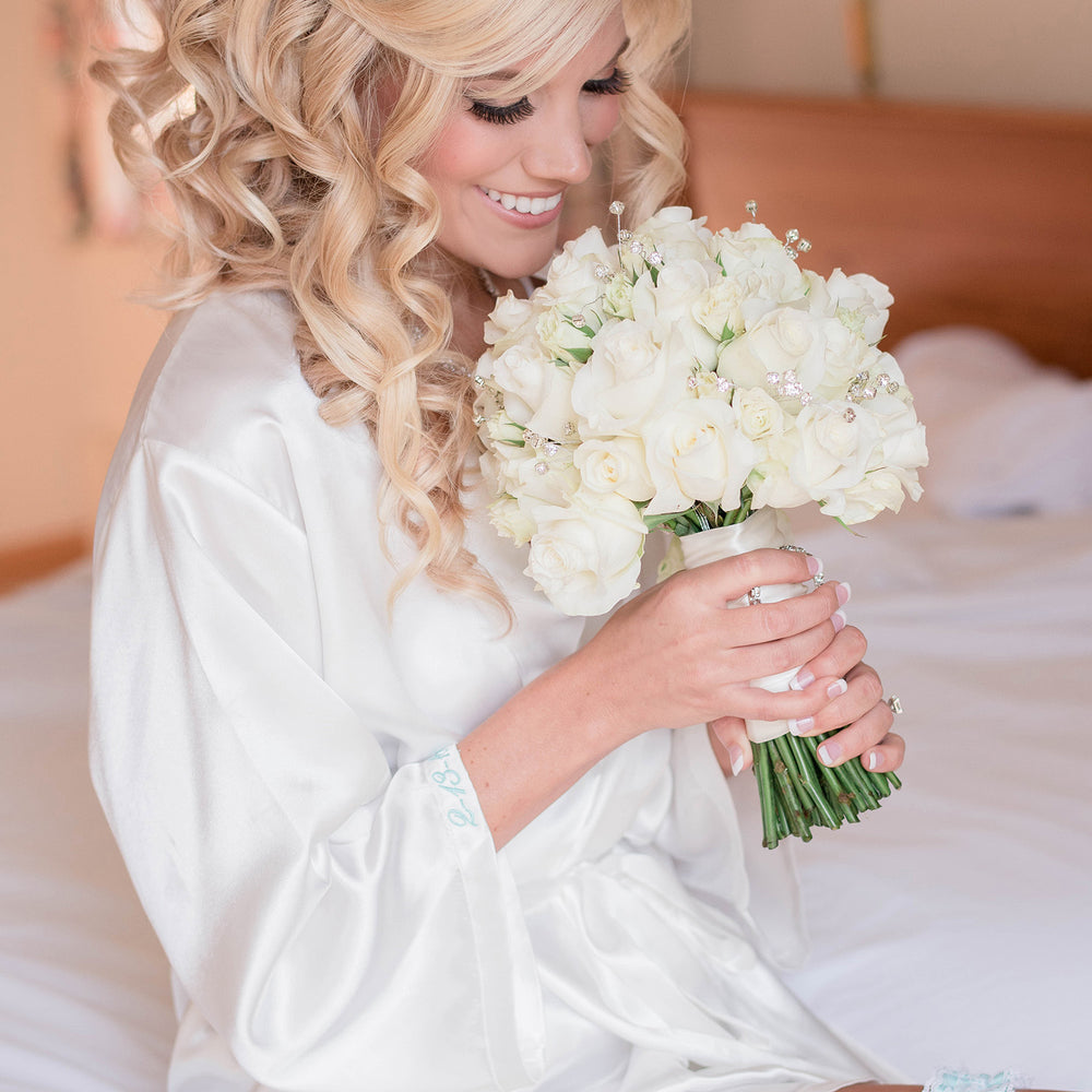 
            
                Load image into Gallery viewer, Satin Bridal Robe with Wedding Date on Cuff
            
        