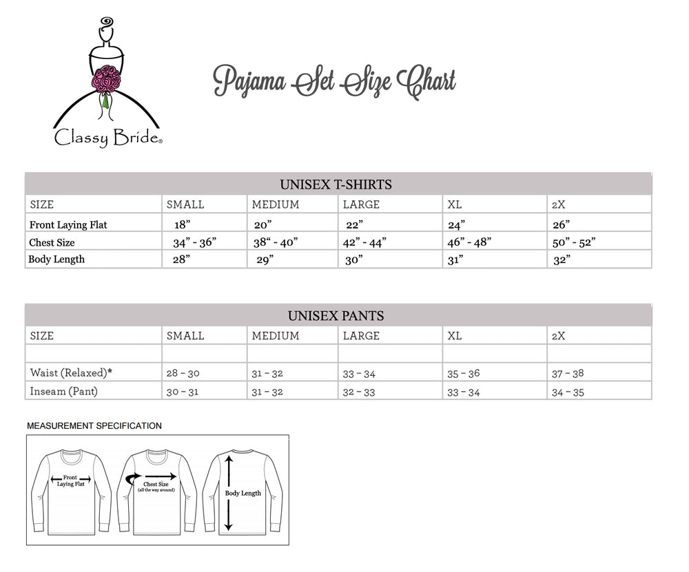Clasy Bride Pajamas, Classy Bride Pajama Size Chart