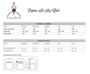 Clasy Bride Pajamas, Classy Bride Pajama Size Chart