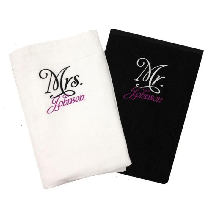 
            
                Load image into Gallery viewer, Personalized Mr. and Mrs. Beach Towel Set, Mr. and Mrs. Towels, Honeymoon Gift
            
        