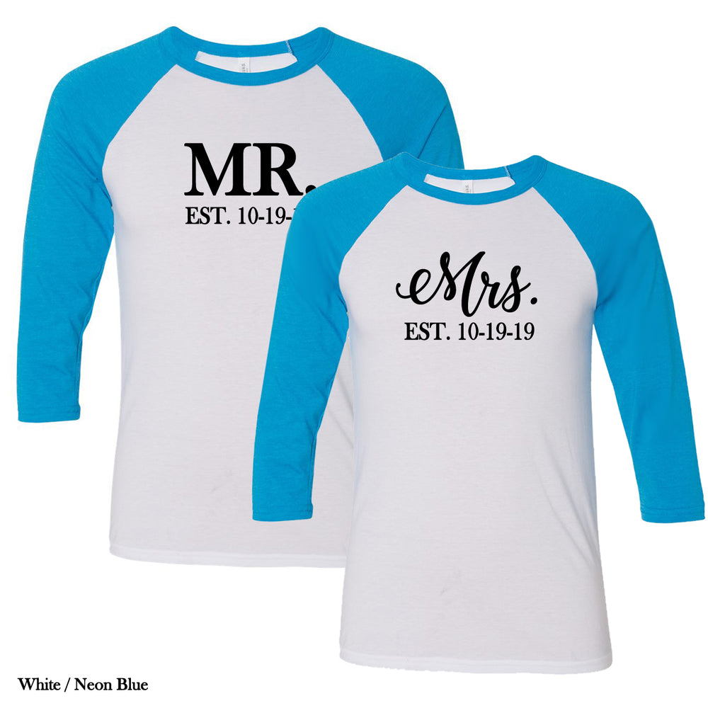 
            
                Load image into Gallery viewer, Personalized Mr. and Mrs. Raglan T-Shirt Set
            
        