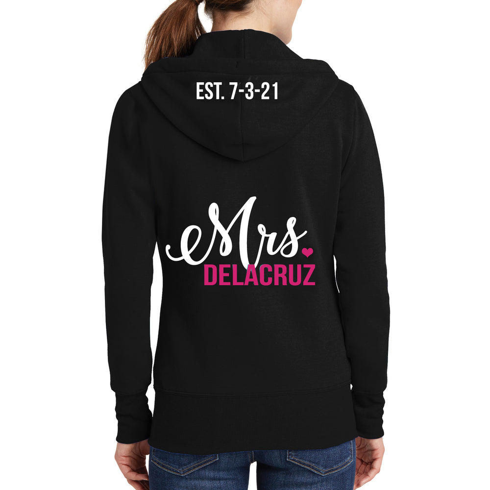 
            
                Load image into Gallery viewer, Personalized Mrs. Hoodie with Wedding Date on Hood
            
        