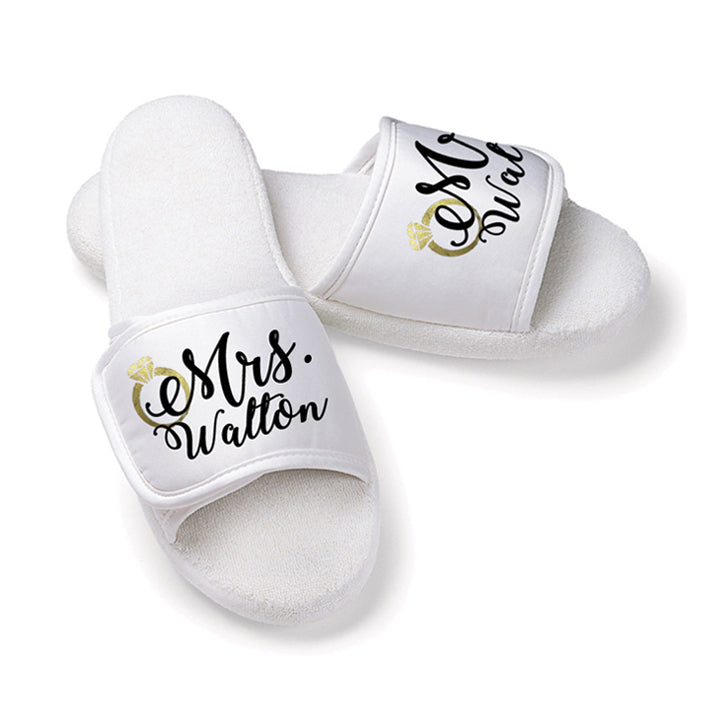 
            
                Load image into Gallery viewer, Personalized Mrs. Bridal Slippers with Metallic Gold Ring
            
        