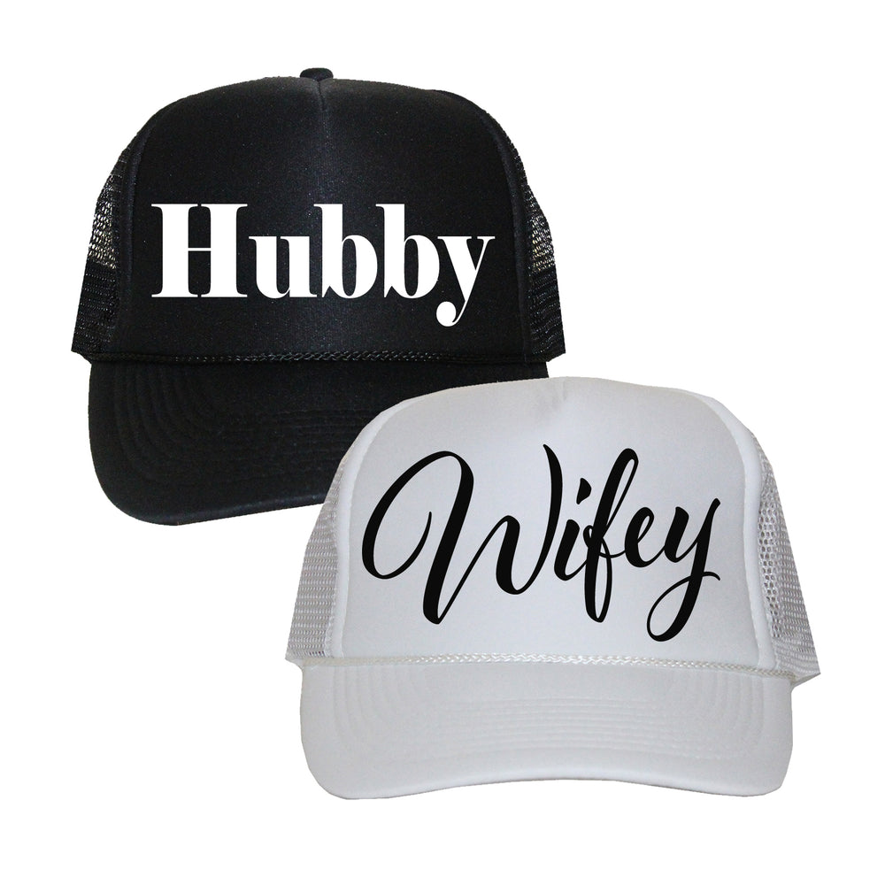
            
                Load image into Gallery viewer, Hubby Wifey Hats, Honeymoon Hats, Bride and Groom Hats
            
        